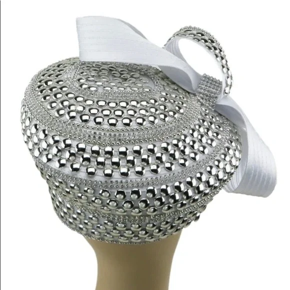 New Stunning CHARM NY SILVER WHITE Rhinestone Pillbox Church Derby Hat - Picture 3 of 3